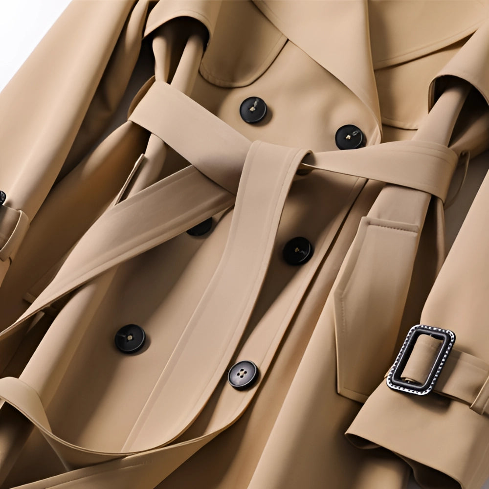 Women's long double-breasted trench coat with belt and notched lapels
