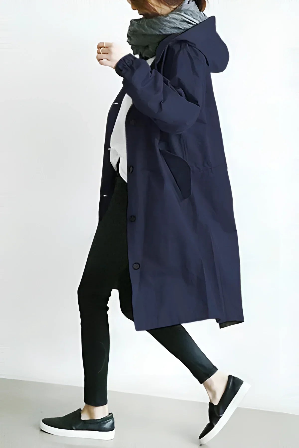 Women's longline hooded trench coat with button front and gathered sleeves