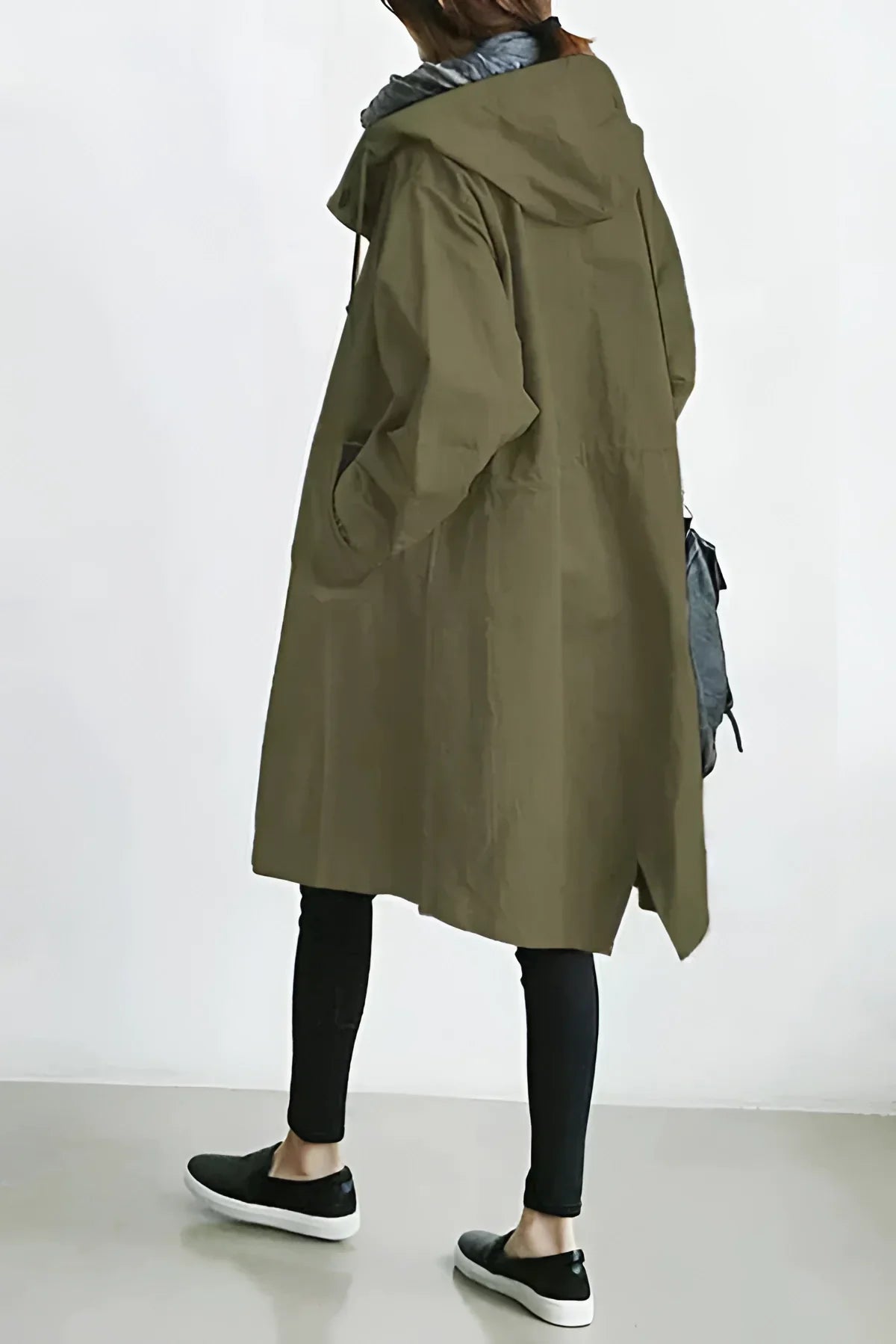 Women's longline hooded trench coat with button front and gathered sleeves