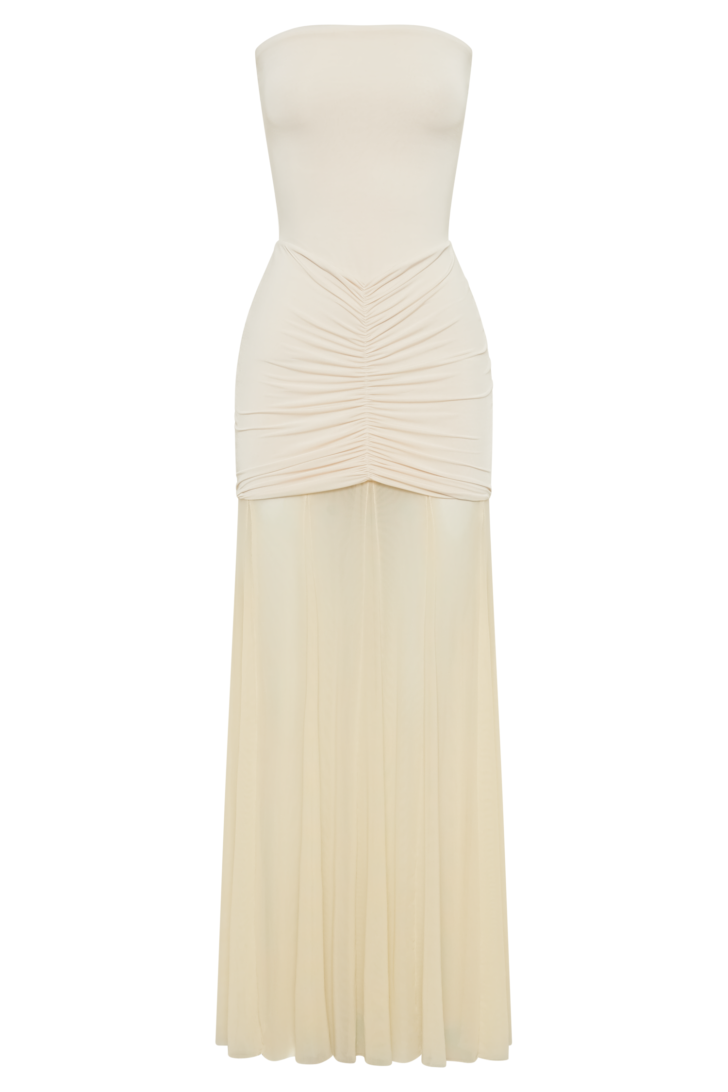 Women’s Off-Shoulder Ruched Mesh Maxi Dress | Champagne Ivory Evening Gown