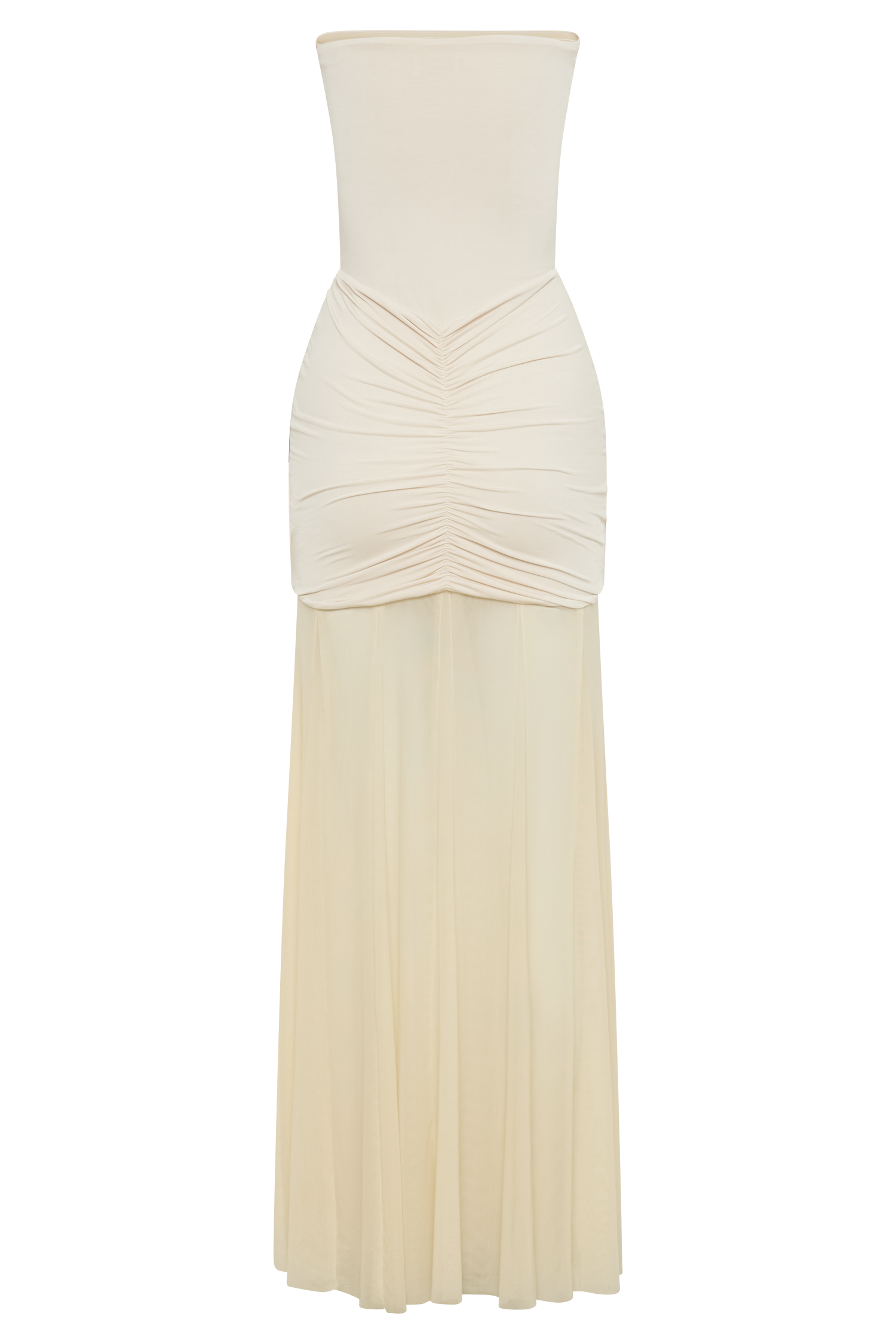 Women’s Off-Shoulder Ruched Mesh Maxi Dress | Champagne Ivory Evening Gown