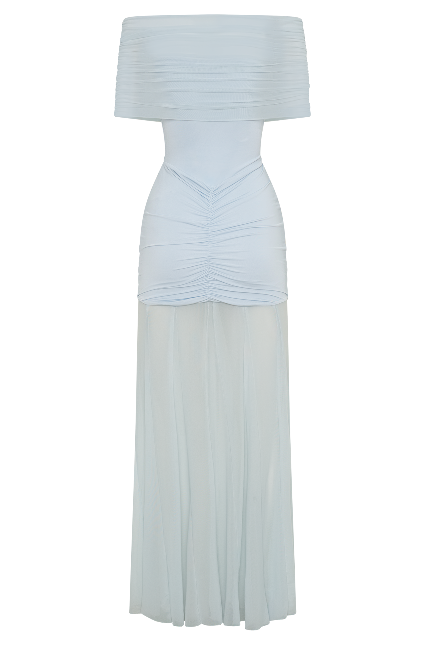 Women’s Off-Shoulder Ruched Mesh Maxi Dress | Pale Blue Evening Gown