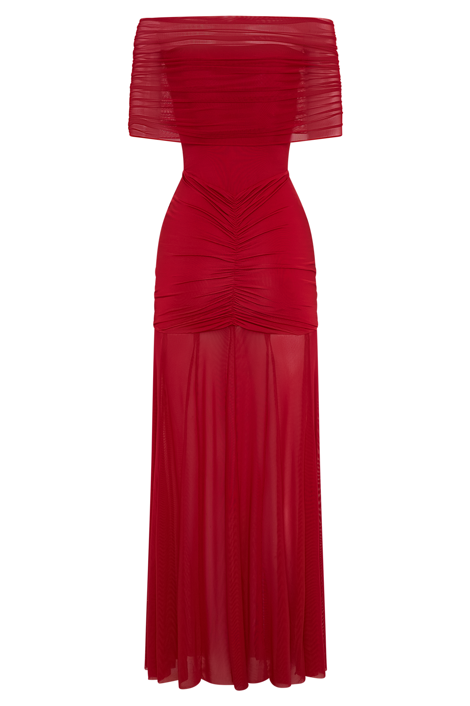 Women’s Off-Shoulder Ruched Maxi Dress | Ruby Mesh Evening Gown with Draped Bodice