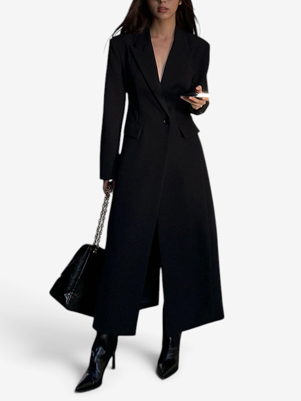 Women's black long tailored coat with lapels and one-button closure