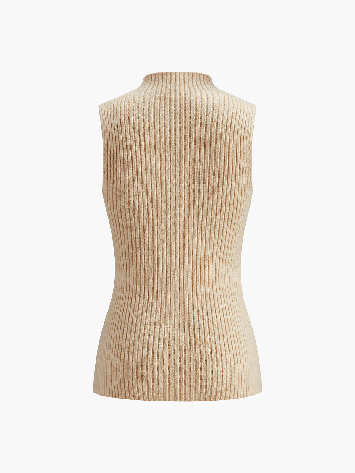 Women's ribbed sleeveless knit top with high neckline and fitted shape