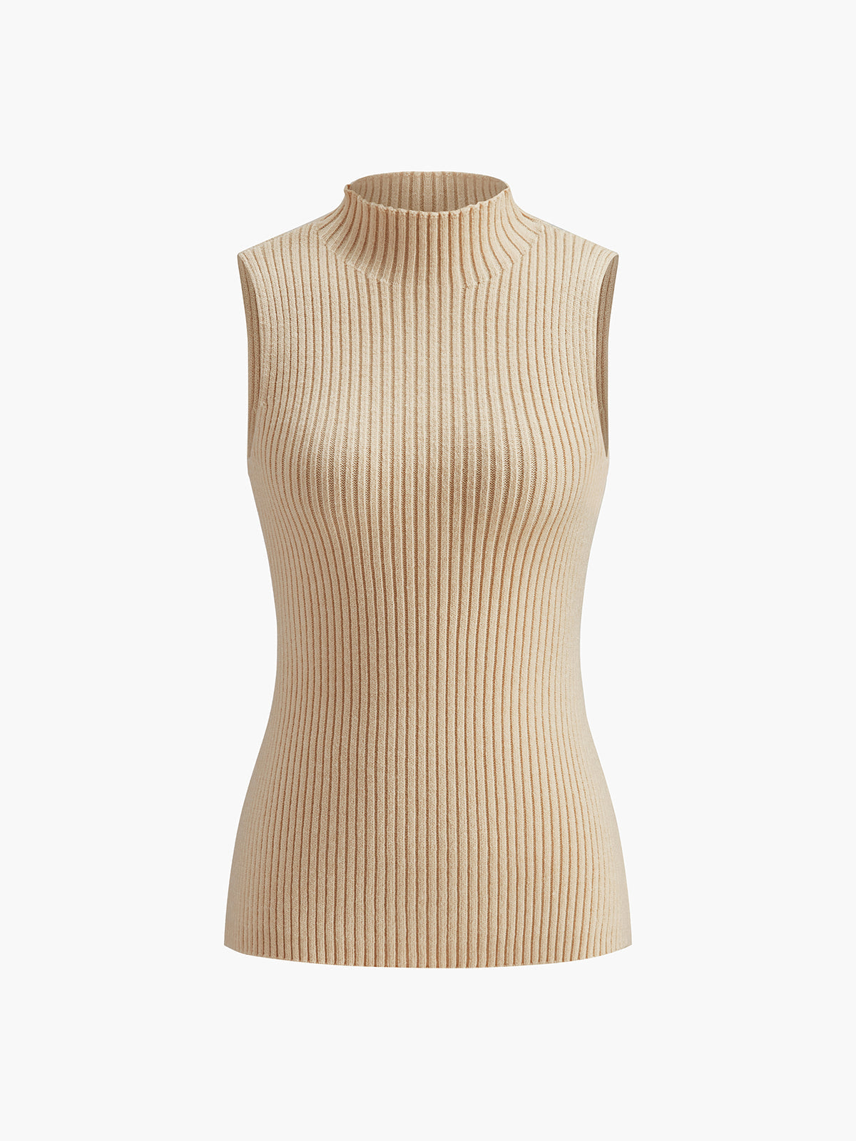 Women's ribbed sleeveless knit top with high neckline and fitted shape