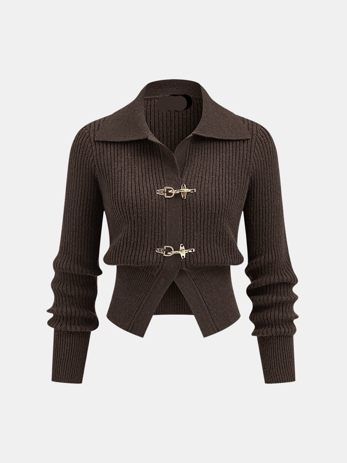 Women's ribbed cropped sweater with collared neckline and metal buckle fastenings