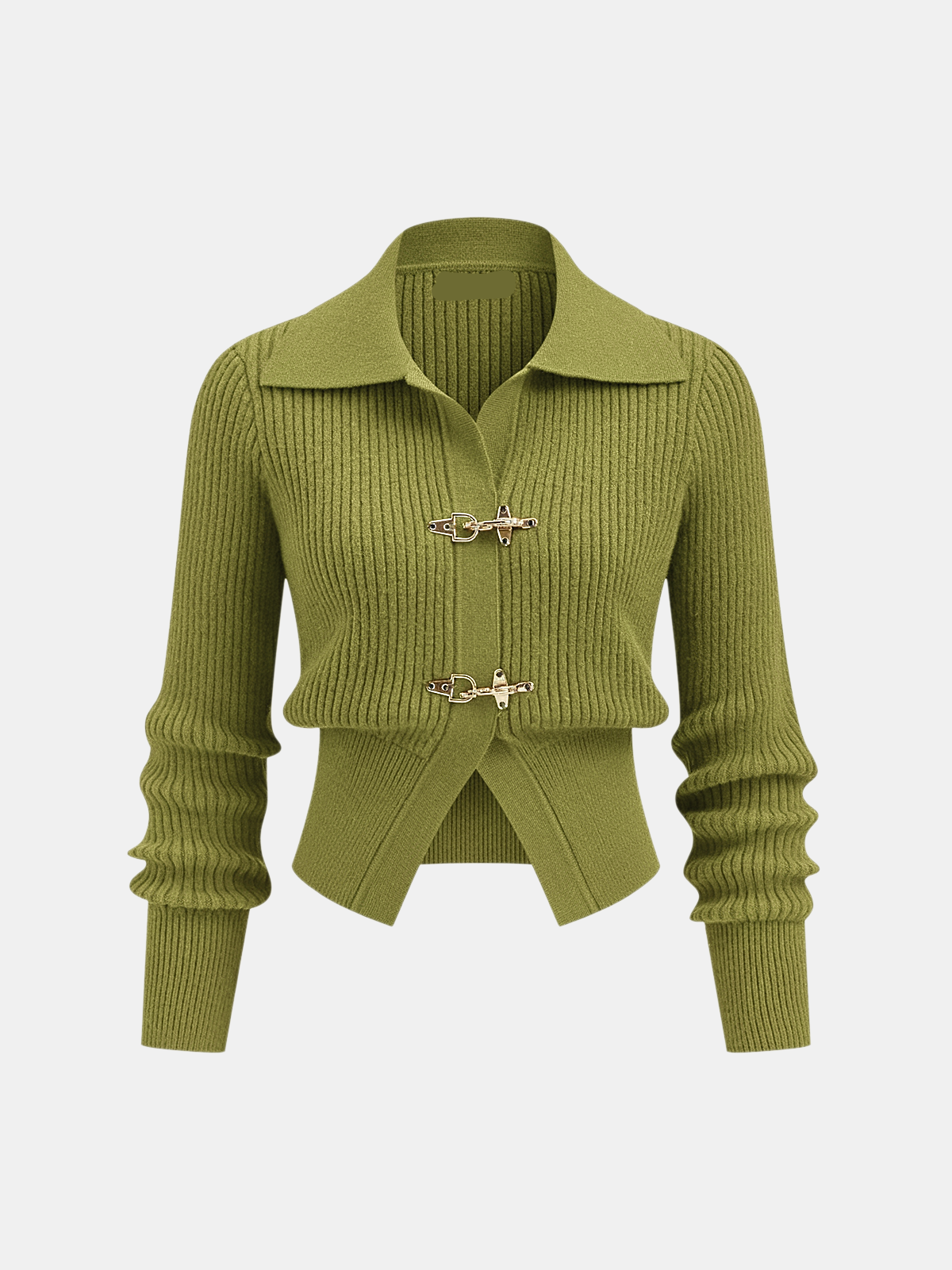 Women's ribbed cropped sweater with collared neckline and metal buckle fastenings