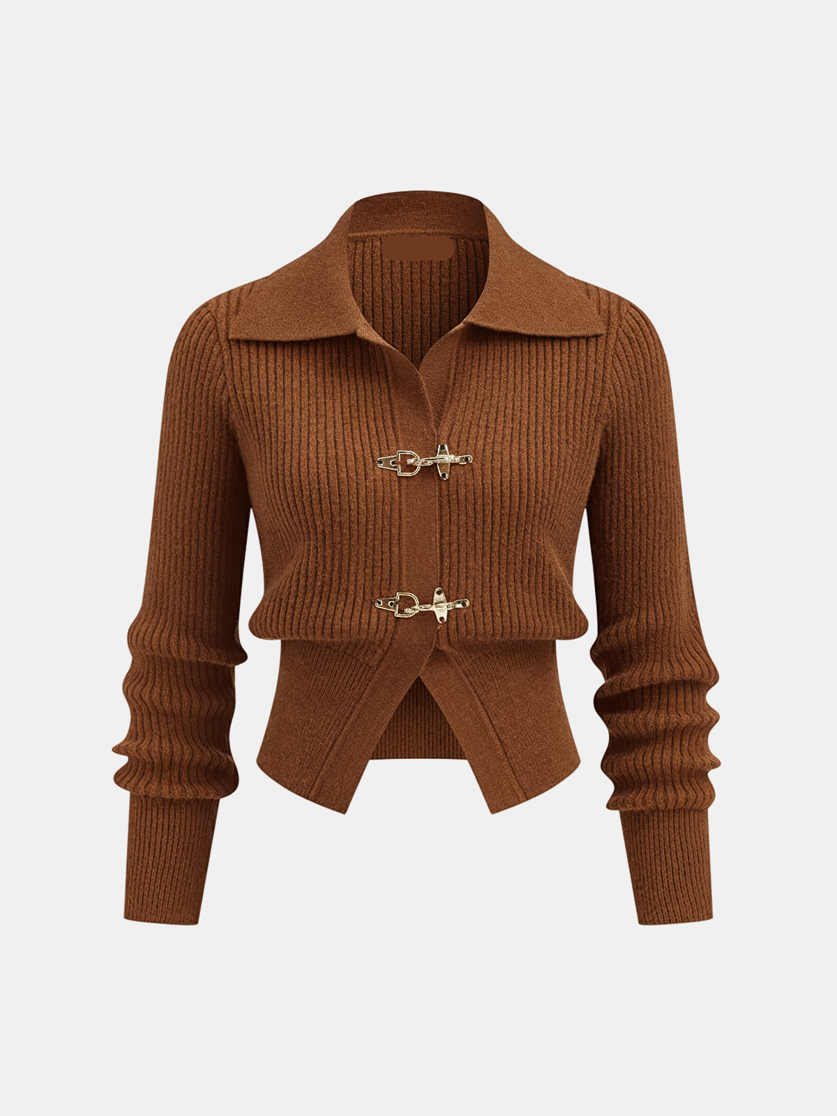 Women's ribbed cropped sweater with collared neckline and metal buckle fastenings