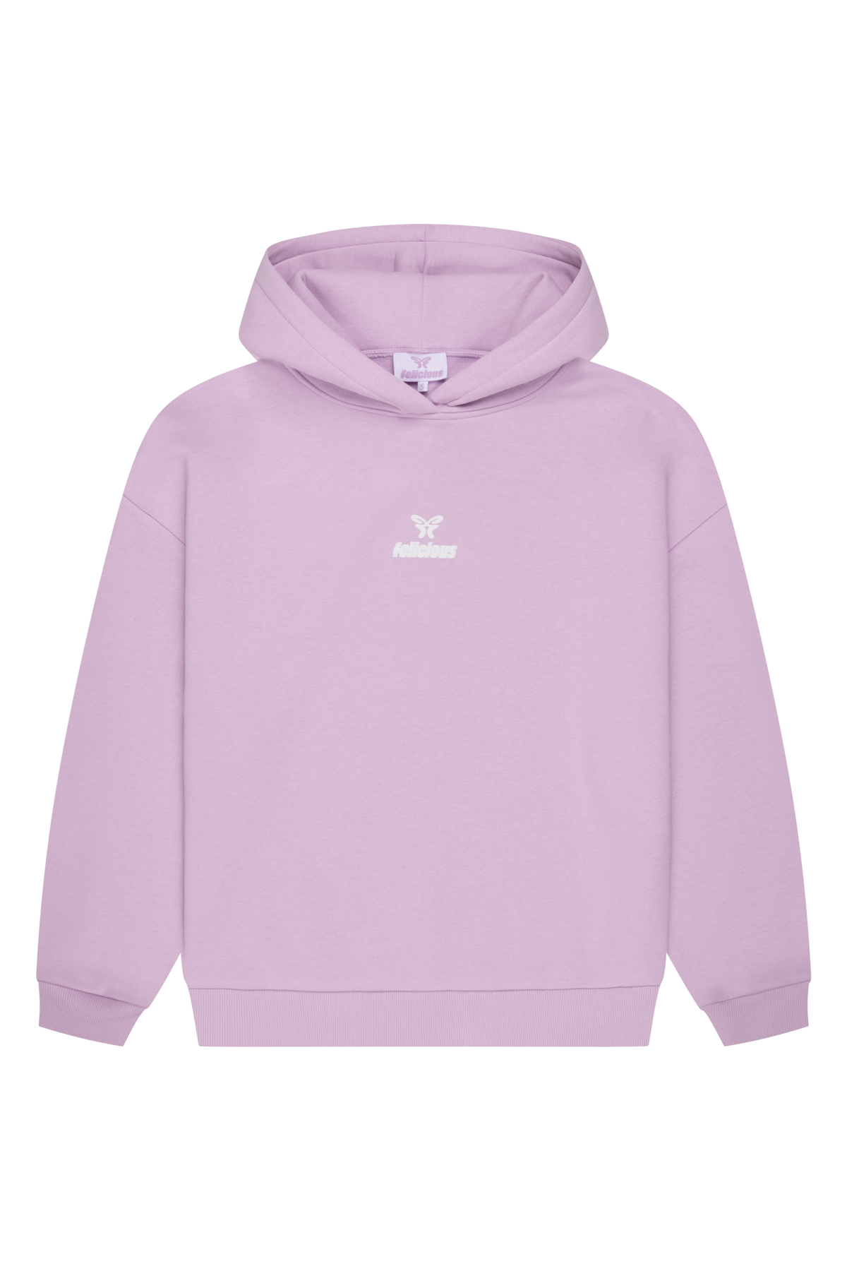 Women's lavender hooded sweatshirt with white butterfly logo and ribbed trims