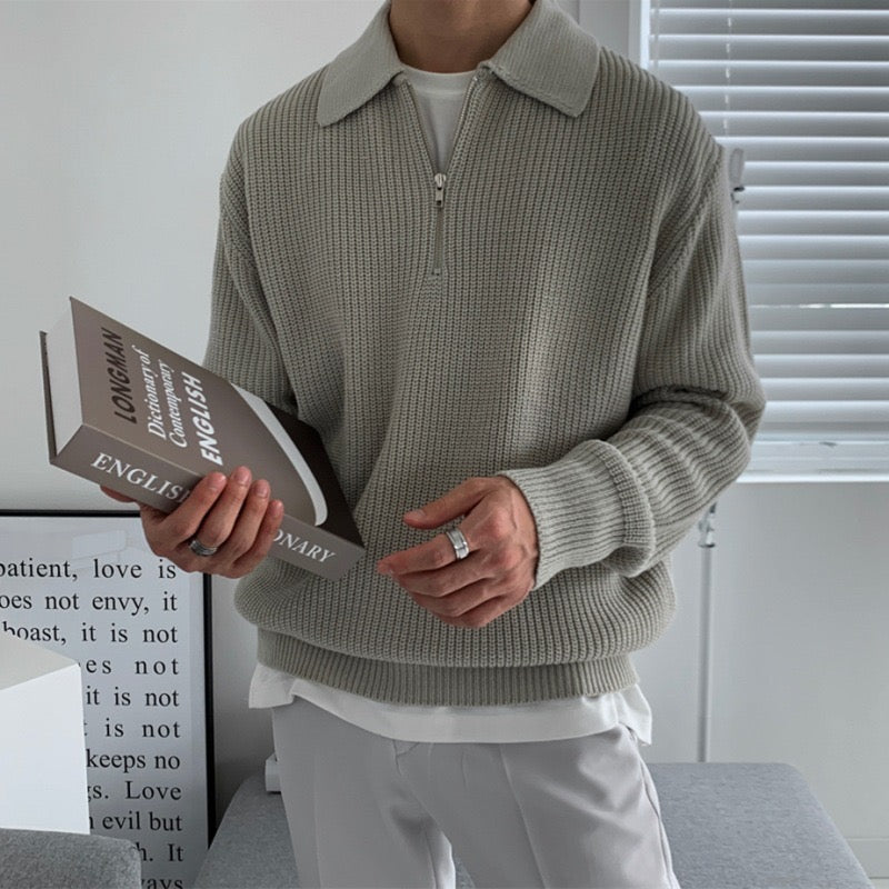 Men's textured half-zip jumper with collared neckline and long sleeves