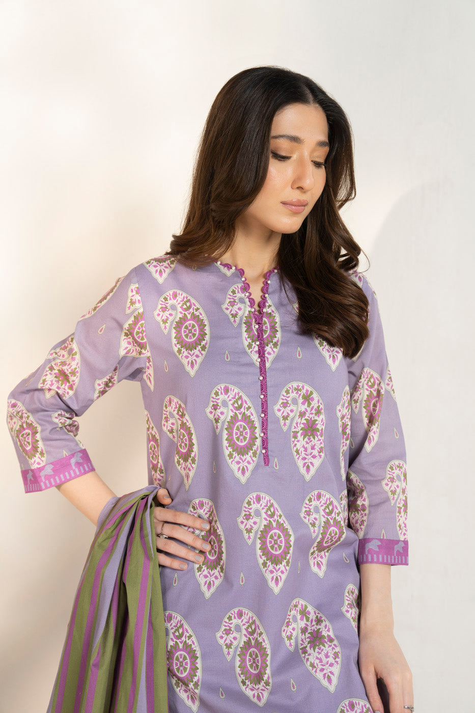 Women's purple paisley shirt and dupatta set with wide-leg trousers
