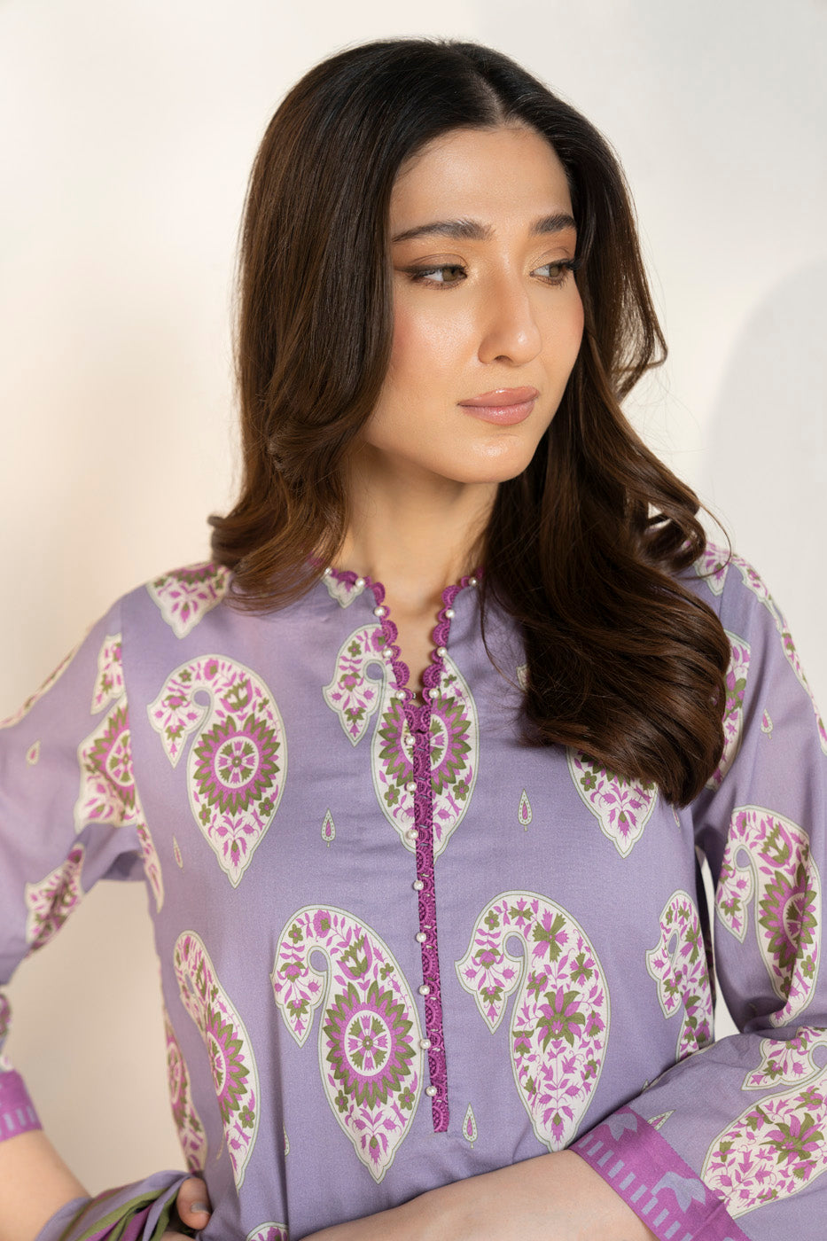 Women's purple paisley shirt and dupatta set with wide-leg trousers