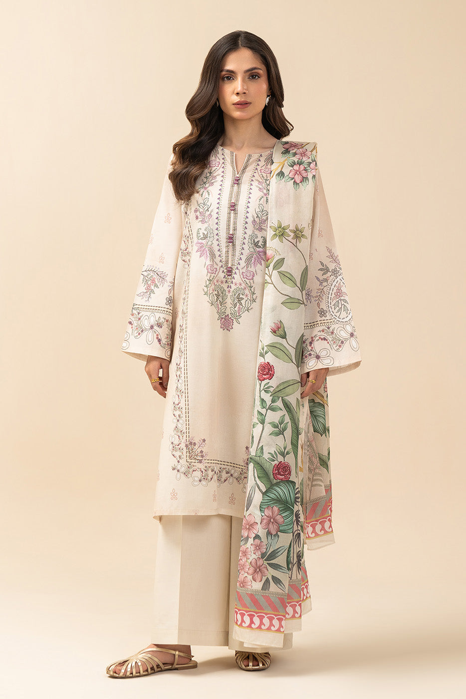 Women's multicoloured floral printed three-piece suit with long tunic, trousers and dupatta