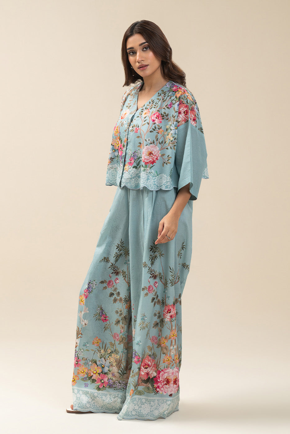 Women's multicoloured floral V-neck trousers set with wide-leg trousers