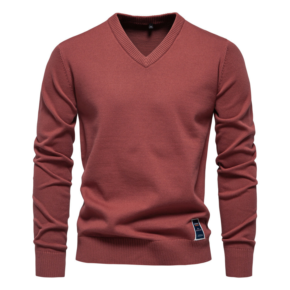 Men's Jumper V-Neck Fine Knit Long Sleeve - Red