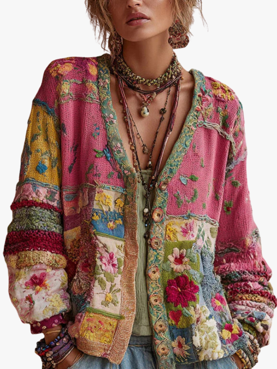 Women's pink floral patchwork cardigan with V-neck and long sleeves