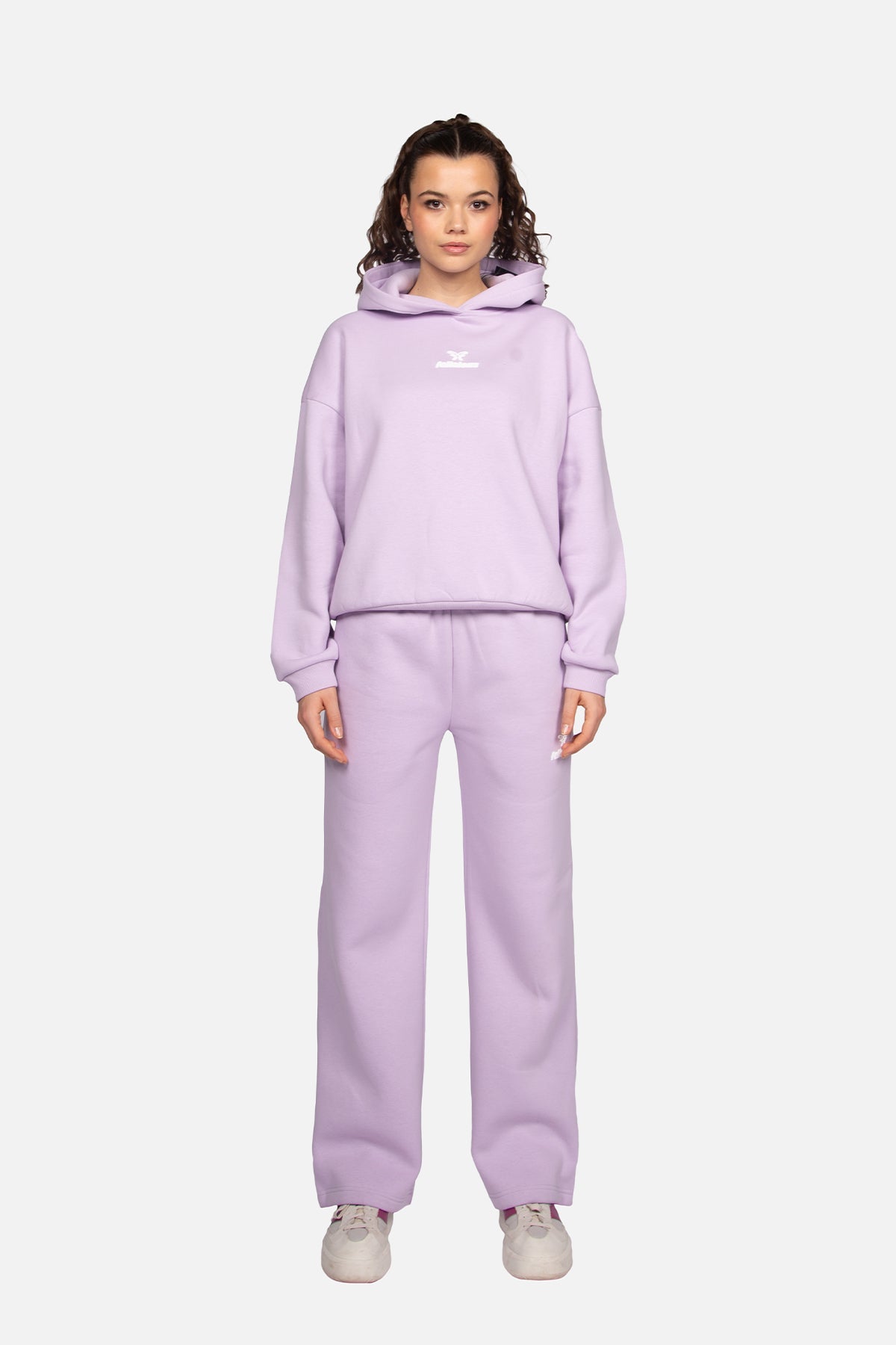 Women's lavender hooded sweatshirt with white butterfly logo and ribbed trims