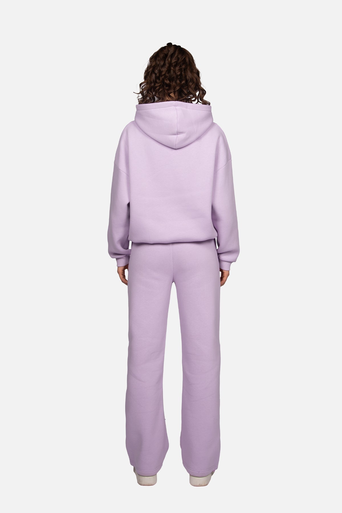Women's lavender hooded sweatshirt with white butterfly logo and ribbed trims