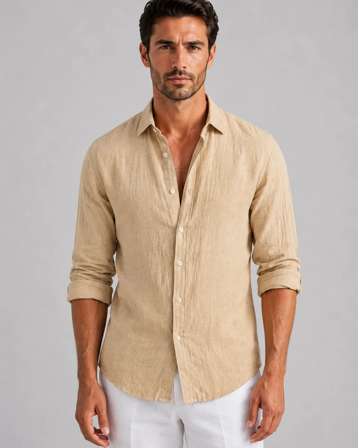 Men's long-sleeve textured button-up shirt with spread collar and curved hem