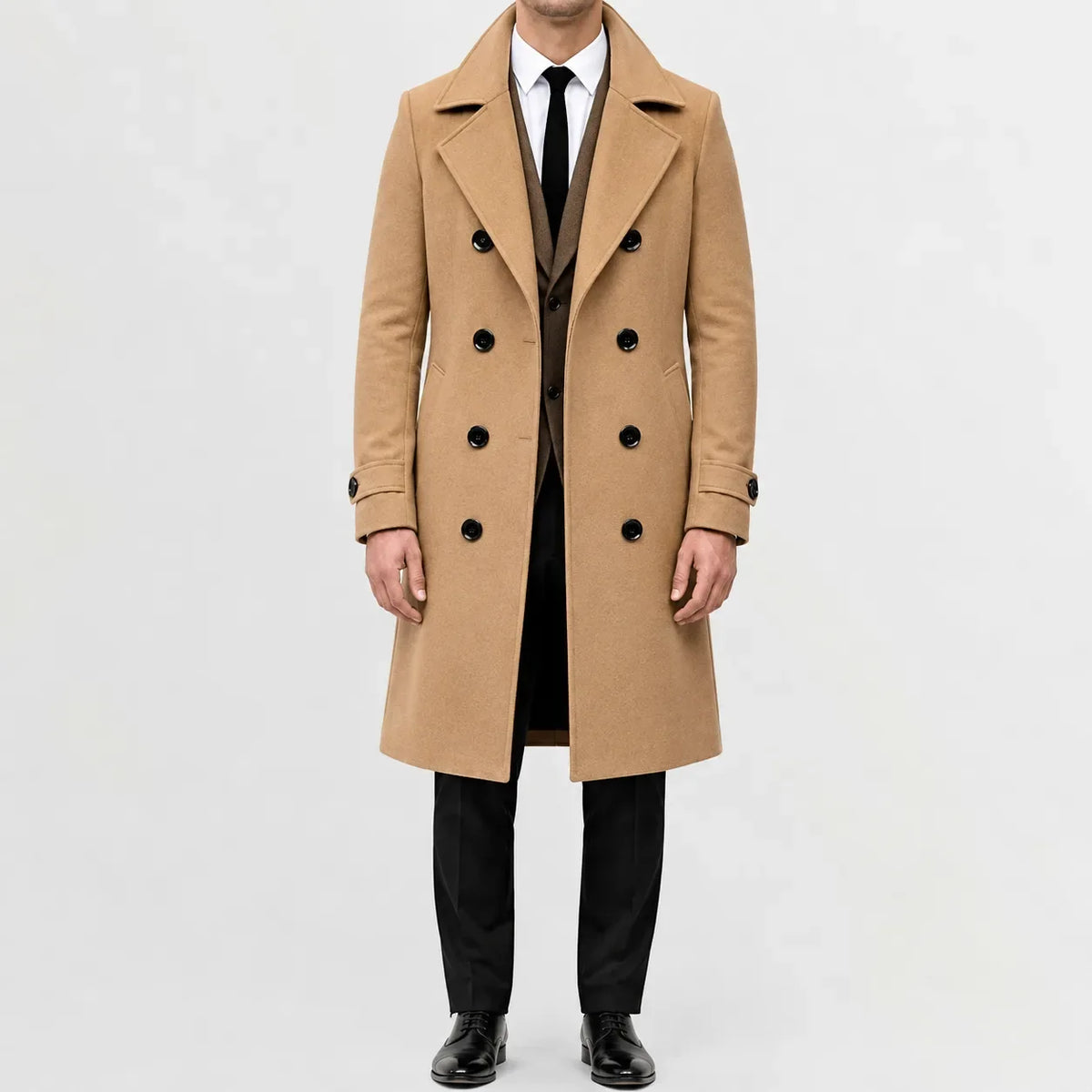 Men's long double-breasted trench coat with notched lapels and buttoned cuff tabs