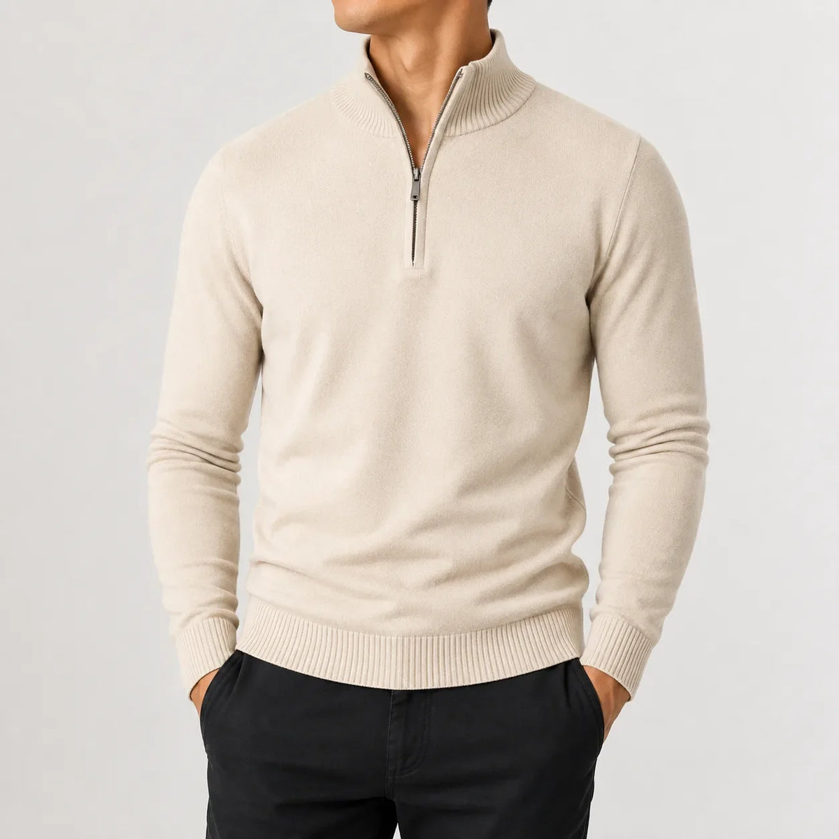 Men's long-sleeve mock neck zip-up jumper with ribbed trims