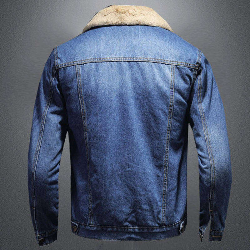 Men's blue denim jacket with contrast sherpa collar, long sleeves and button front