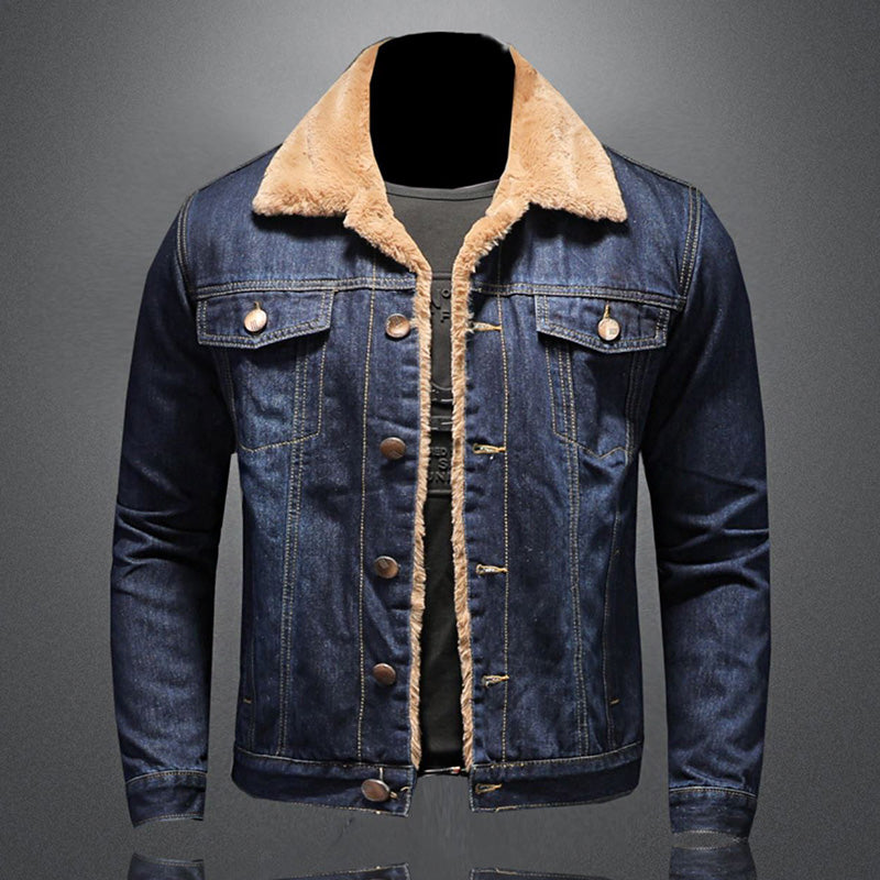 Men's blue denim jacket with contrast sherpa collar, long sleeves and button front
