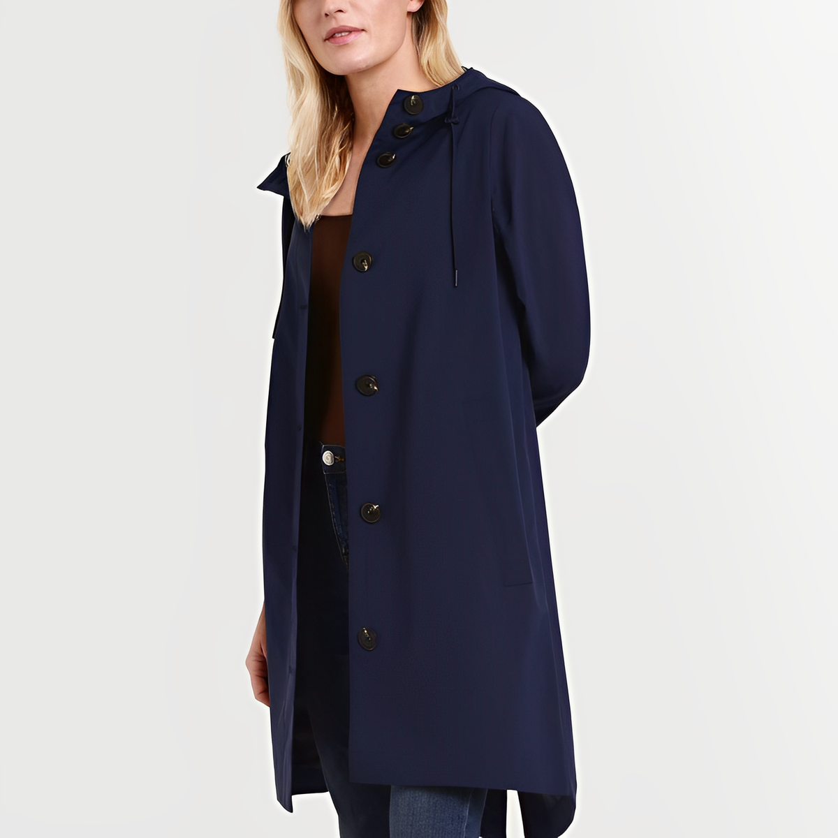Women's longline hooded button-front rain jacket with side pockets