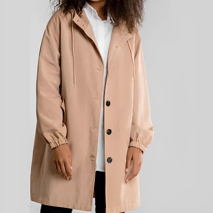Women's longline hooded button-front rain jacket with side pockets
