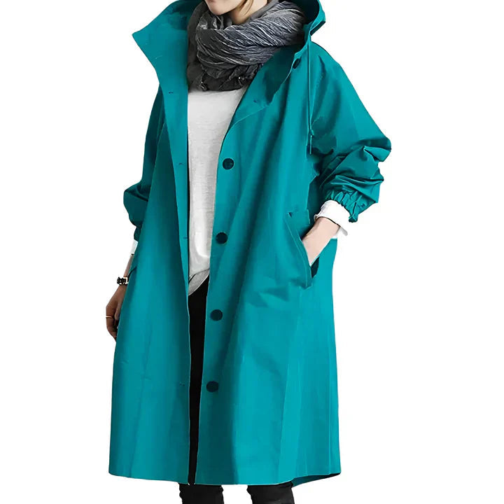 Women's longline hooded button-front rain jacket with side pockets
