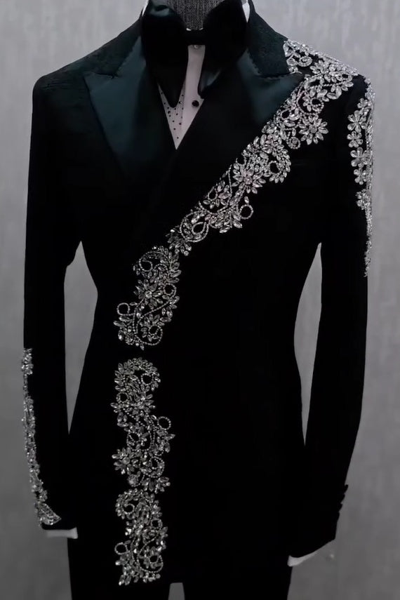 Black men's slim fit suit with peaked lapels and silver floral embellishment
