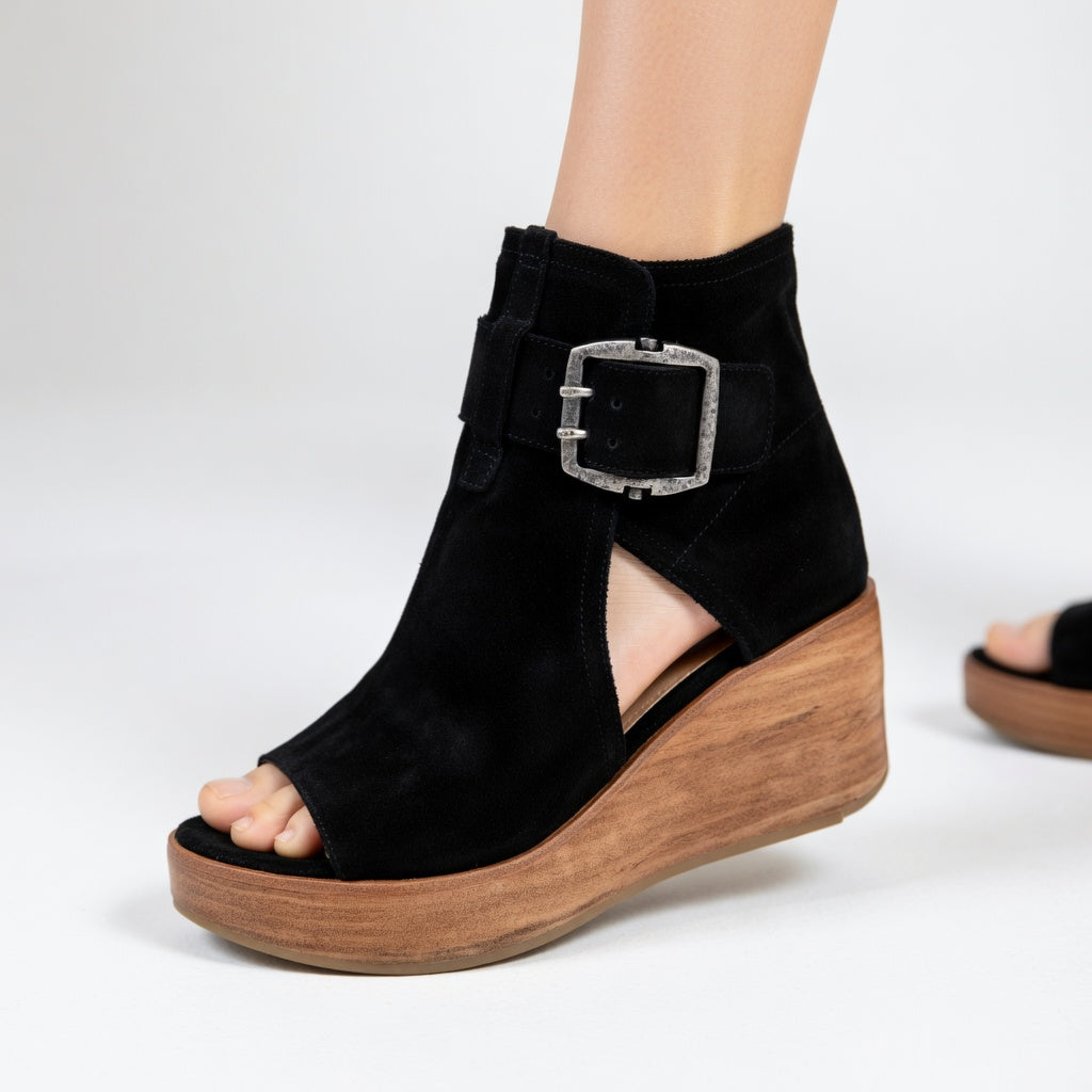 Women's open-toe wedge ankle boots with buckle strap and cut-out sides