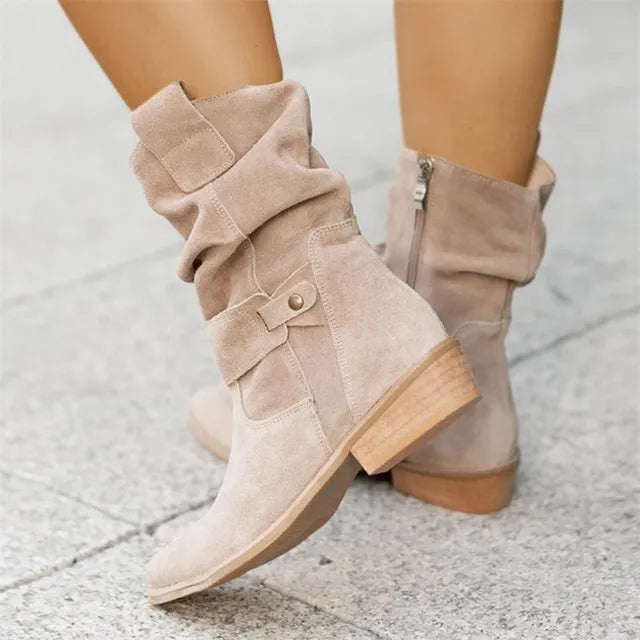 Women's Boots Suede Slouchy Mid-Calf Buckle - Beige