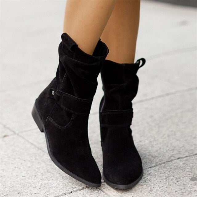Women's Boots Suede Slouchy Mid-Calf Buckle - Black