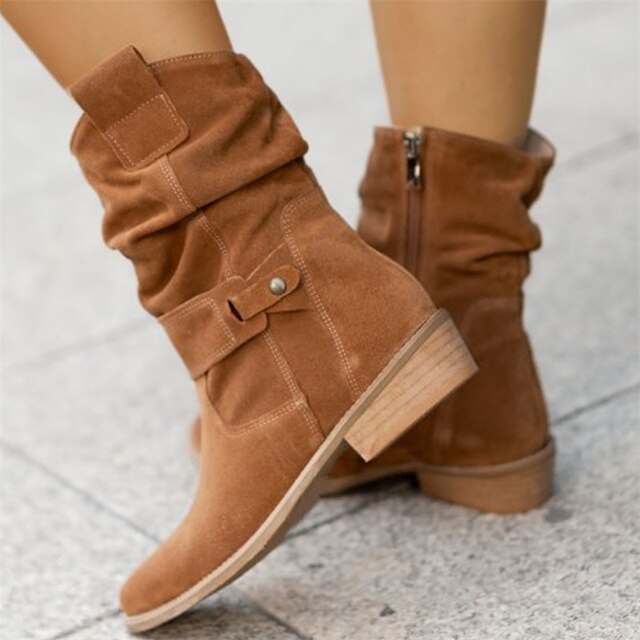 Women's Boots Suede Slouchy Mid-Calf Buckle - Brown