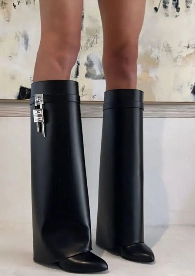 Women's Boots Vegan Leather Wedge Padlock - Black