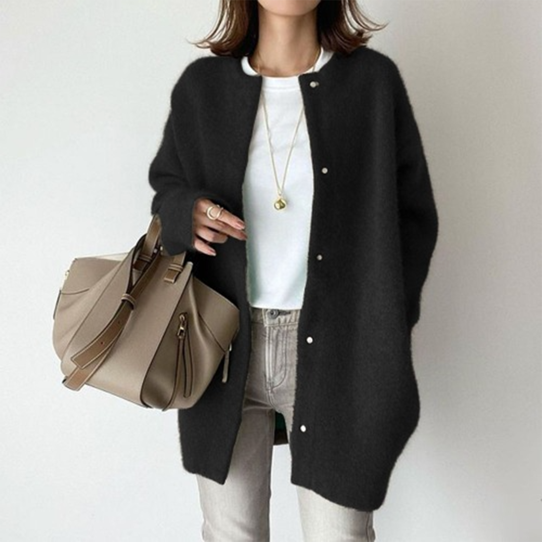 Women's longline button-front cardigan with round neckline and long sleeves