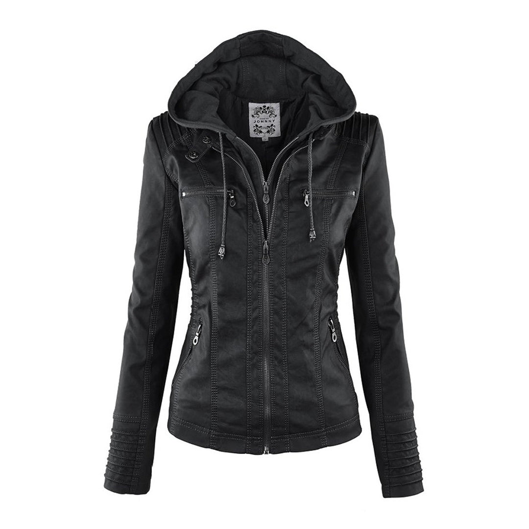 Women's hooded moto jacket with long sleeves, front zip and multiple zipped pockets