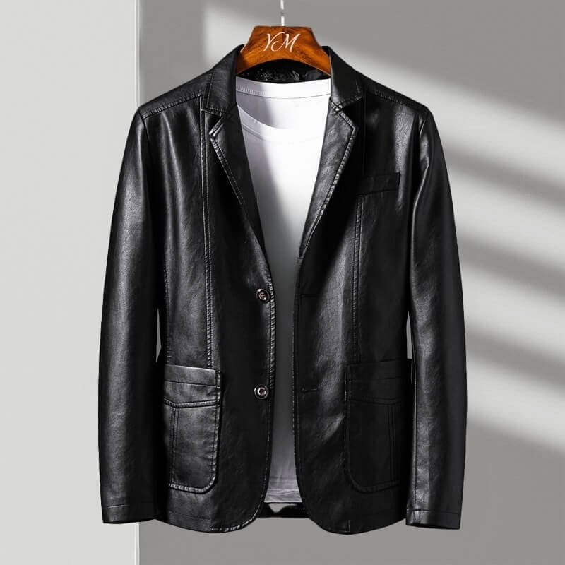 Men's structured leather jacket with notched collar, button front and patch pockets