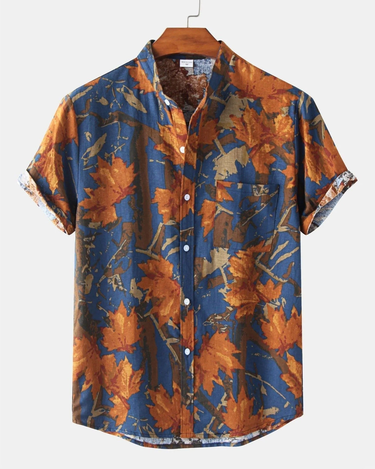 Men's short sleeve button shirt with geometric and leaf patterns