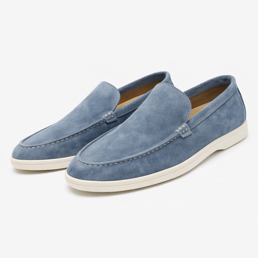 Men's moc toe slip-on loafers with stitched apron detail and low flat soles