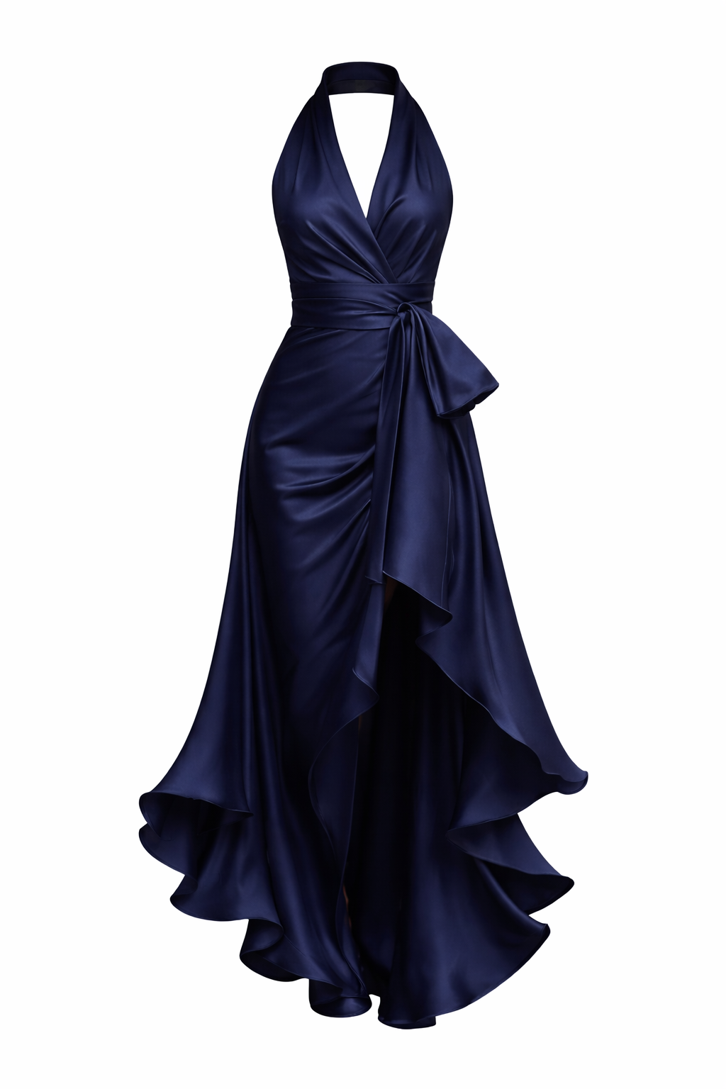 Womens Satin Navy Halter Dress Ruffle | Navy Blue