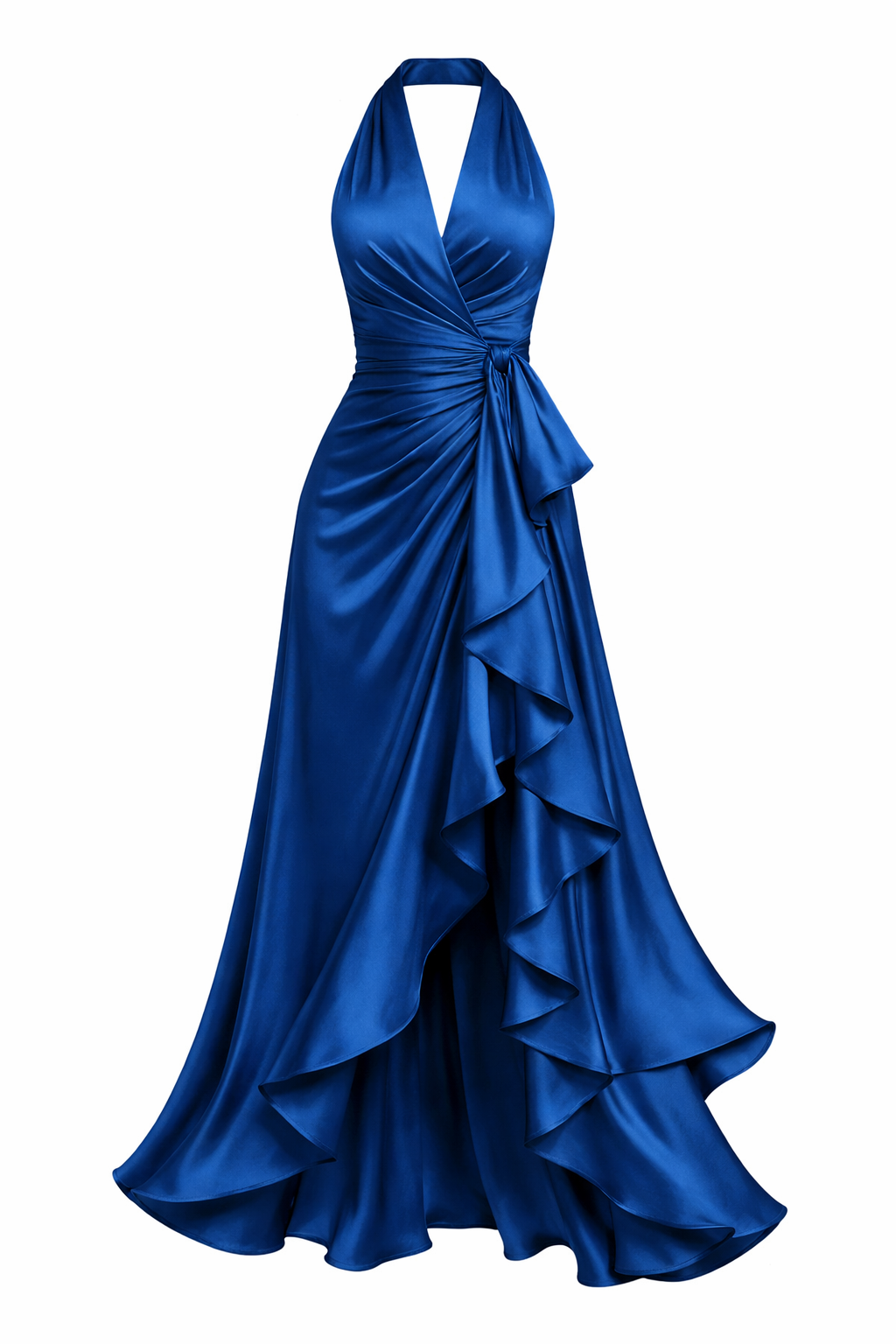 Women’s Polyester Satin Halter Ruffle Dress | Sapphire Blue
