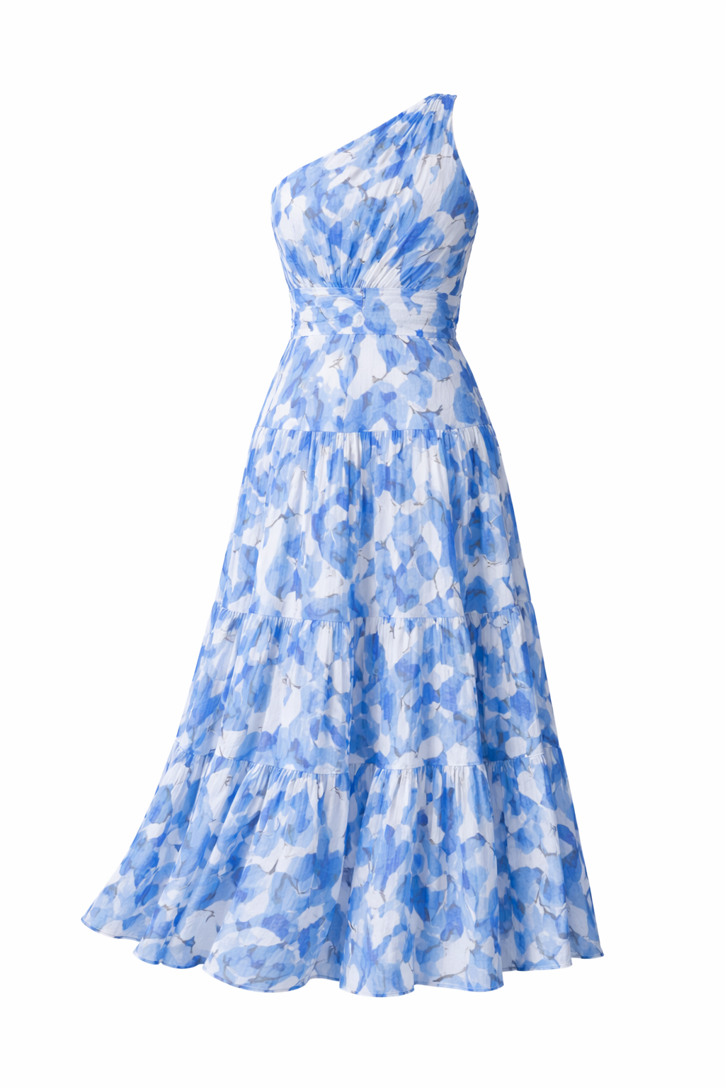 Women’s Blue Floral One-Shoulder Maxi Dress Shirred Back