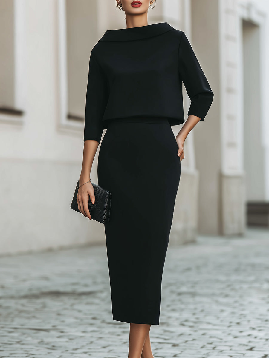 Women's two-piece set with mock neck top and fitted midi pencil skirt