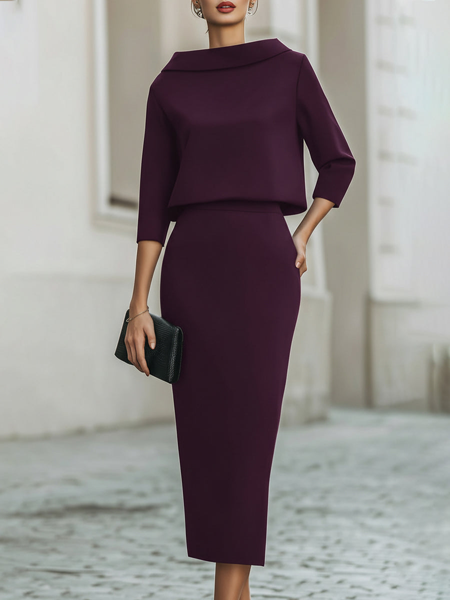Women's two-piece set with mock neck top and fitted midi pencil skirt