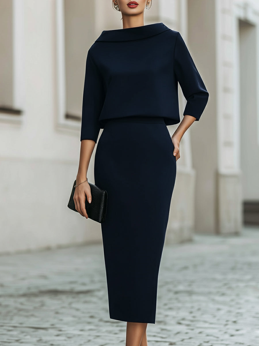 Women's two-piece set with mock neck top and fitted midi pencil skirt