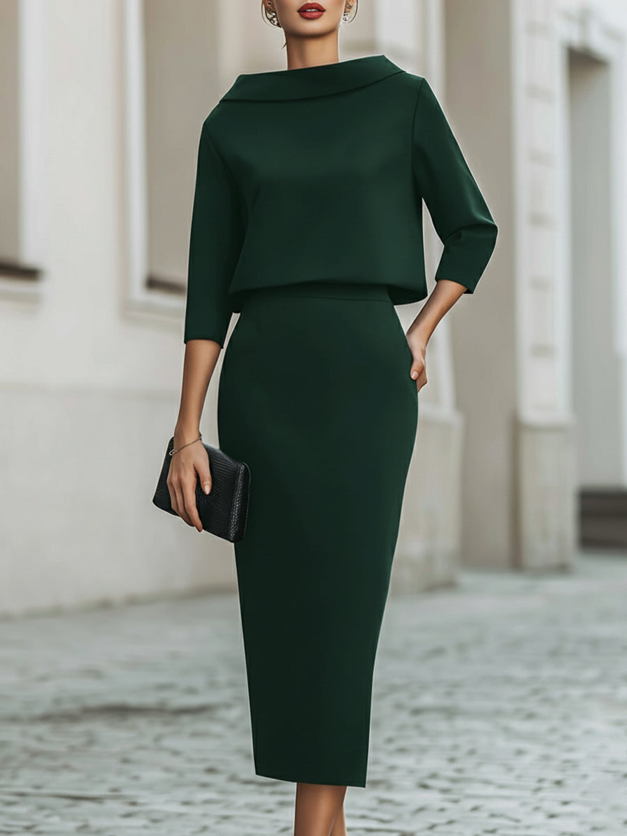 Women's two-piece set with mock neck top and fitted midi pencil skirt