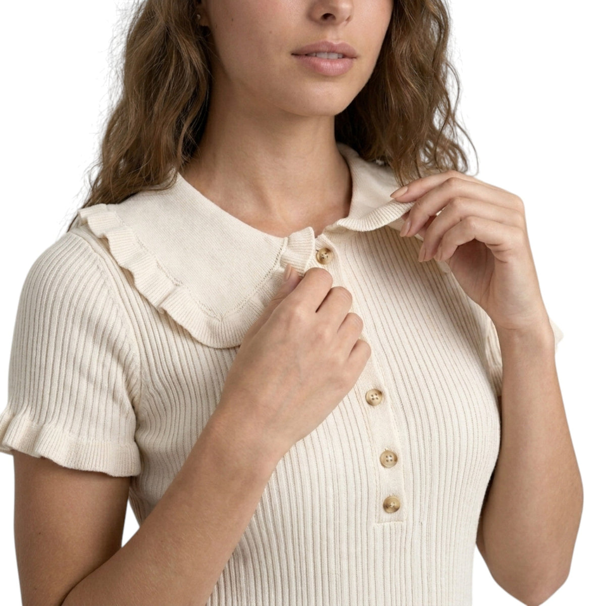 Women's ribbed knit mini dress with Peter Pan collar and short sleeves